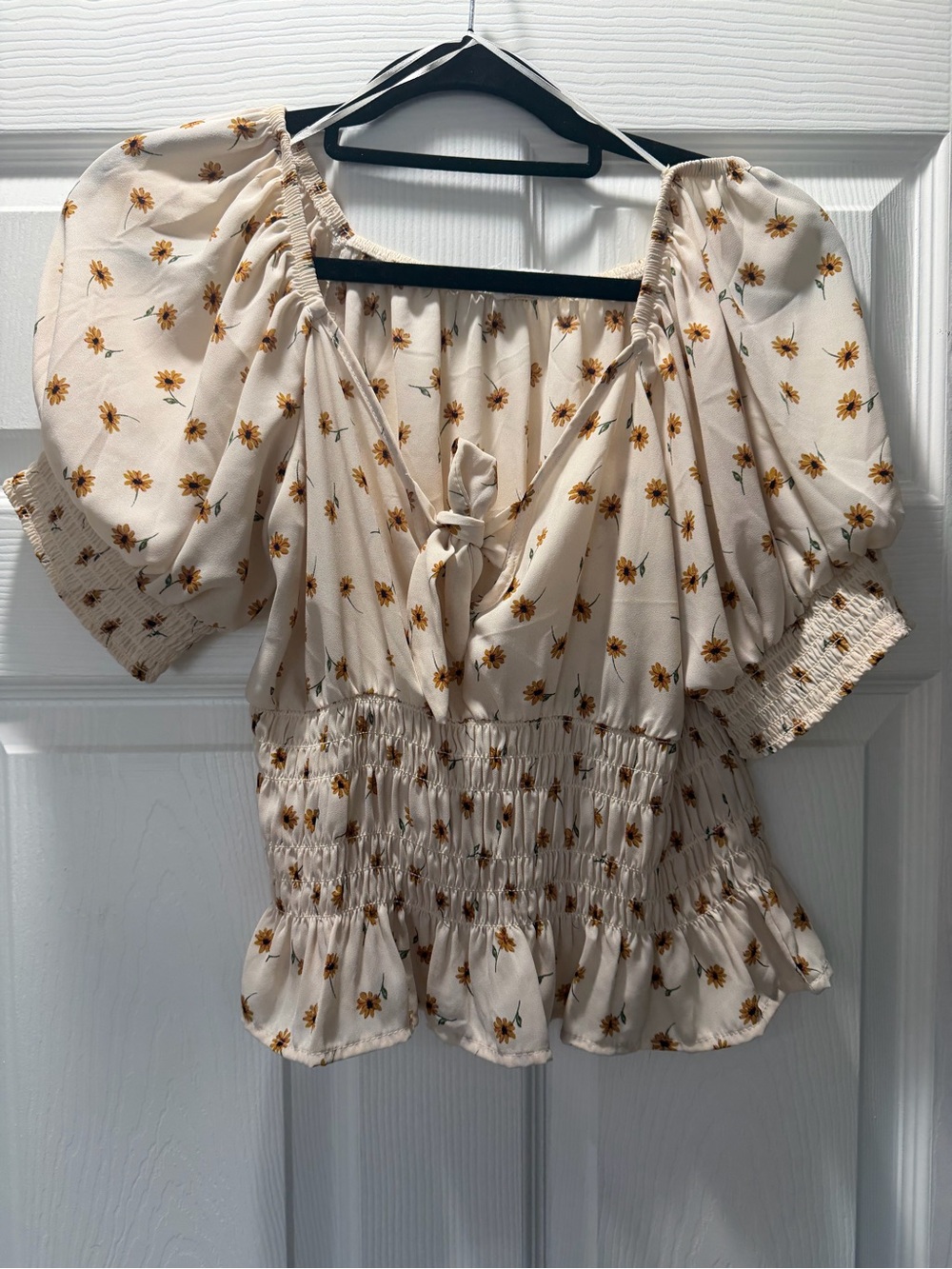 Sienna Sky Cream Puff-Sleeve Floral Tie-Front Blouse